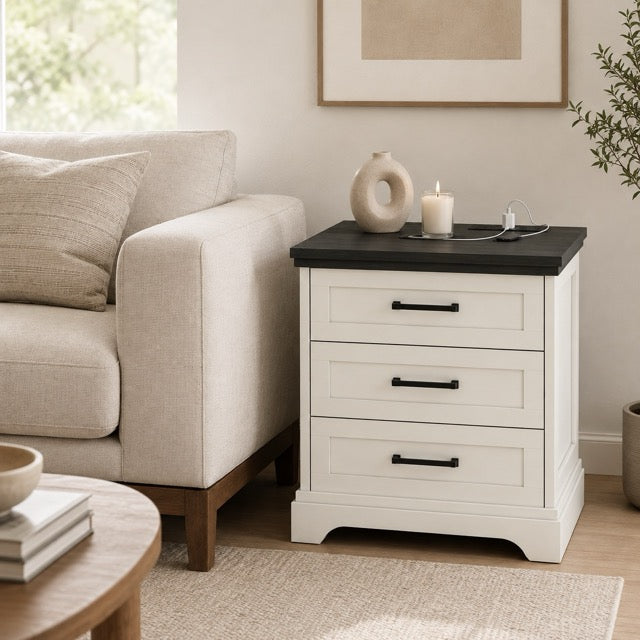 Farmhouse Nightstand with Charging Station & Drawers – Bedside Storage Cabinet | WareBay