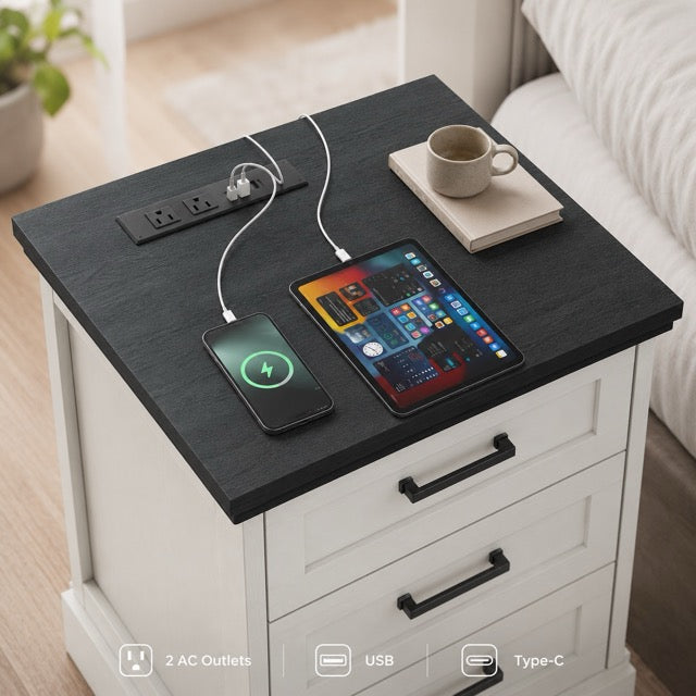 Farmhouse Nightstand with Charging Station & Drawers – Bedside Storage Cabinet | WareBay