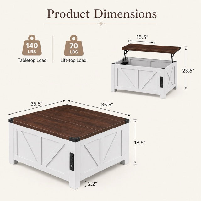 Lift Top Coffee Table with USB Charging & Hidden Storage