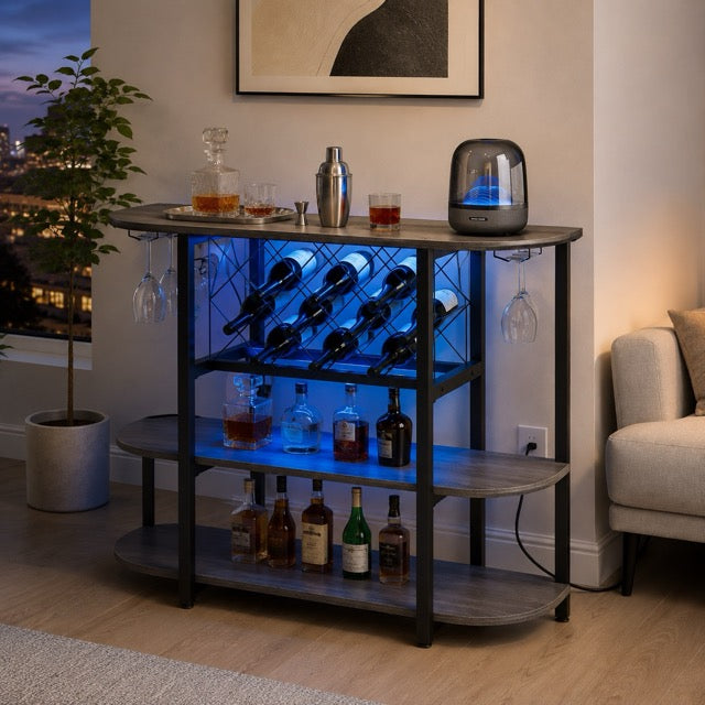 LED Bar Cabinet with Sliding Metal Doors – Home Wine Storage Cart