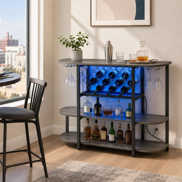 LED Bar Cabinet with Sliding Metal Doors – Home Wine Storage Cart
