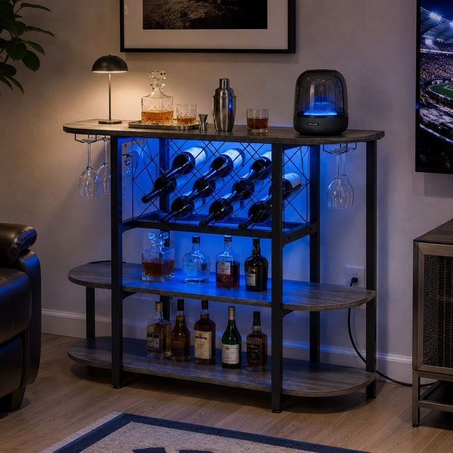 LED Bar Cabinet with Sliding Metal Doors – Home Wine Storage Cart