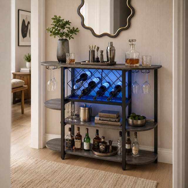 LED Bar Cabinet with Sliding Metal Doors – Home Wine Storage Cart