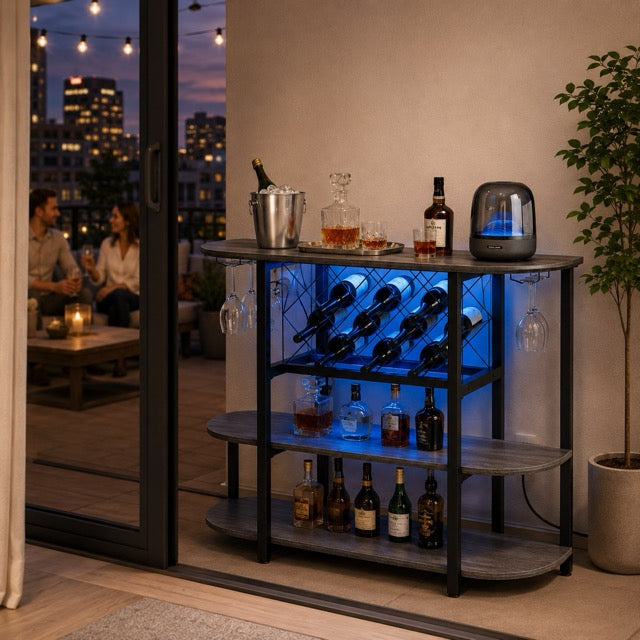 LED Bar Cabinet with Sliding Metal Doors – Home Wine Storage Cart