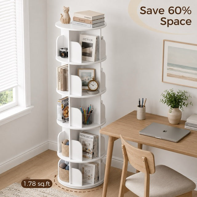 5-Tier Rotating Bookshelf | 360° Revolving Tower Bookcase for Living Room & Study