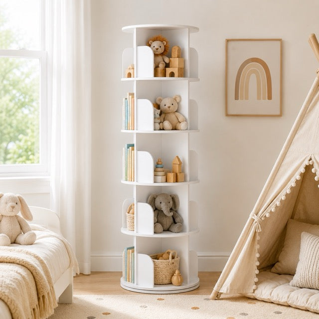 5-Tier Rotating Bookshelf | 360° Revolving Tower Bookcase for Living Room & Study