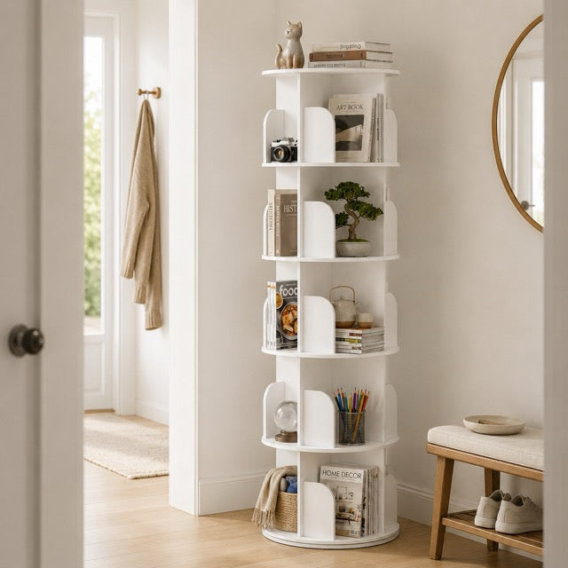 5-Tier Rotating Bookshelf | 360° Revolving Tower Bookcase for Living Room & Study