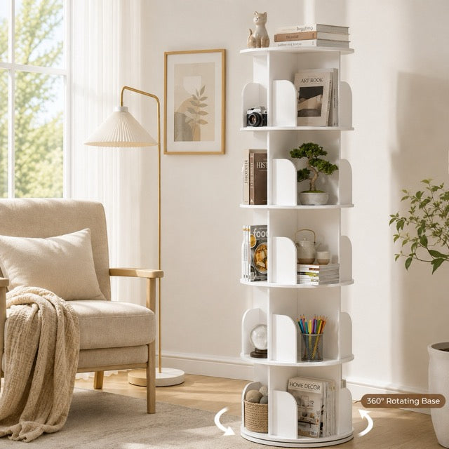 5-Tier Rotating Bookshelf | 360° Revolving Tower Bookcase for Living Room & Study