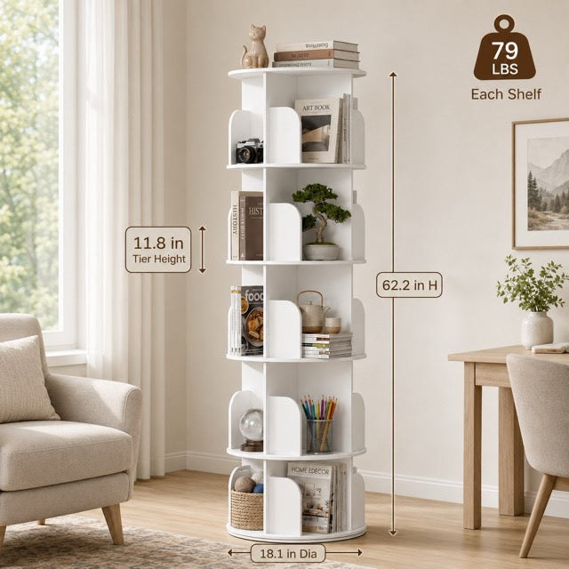 5-Tier Rotating Bookshelf | 360° Revolving Tower Bookcase for Living Room & Study