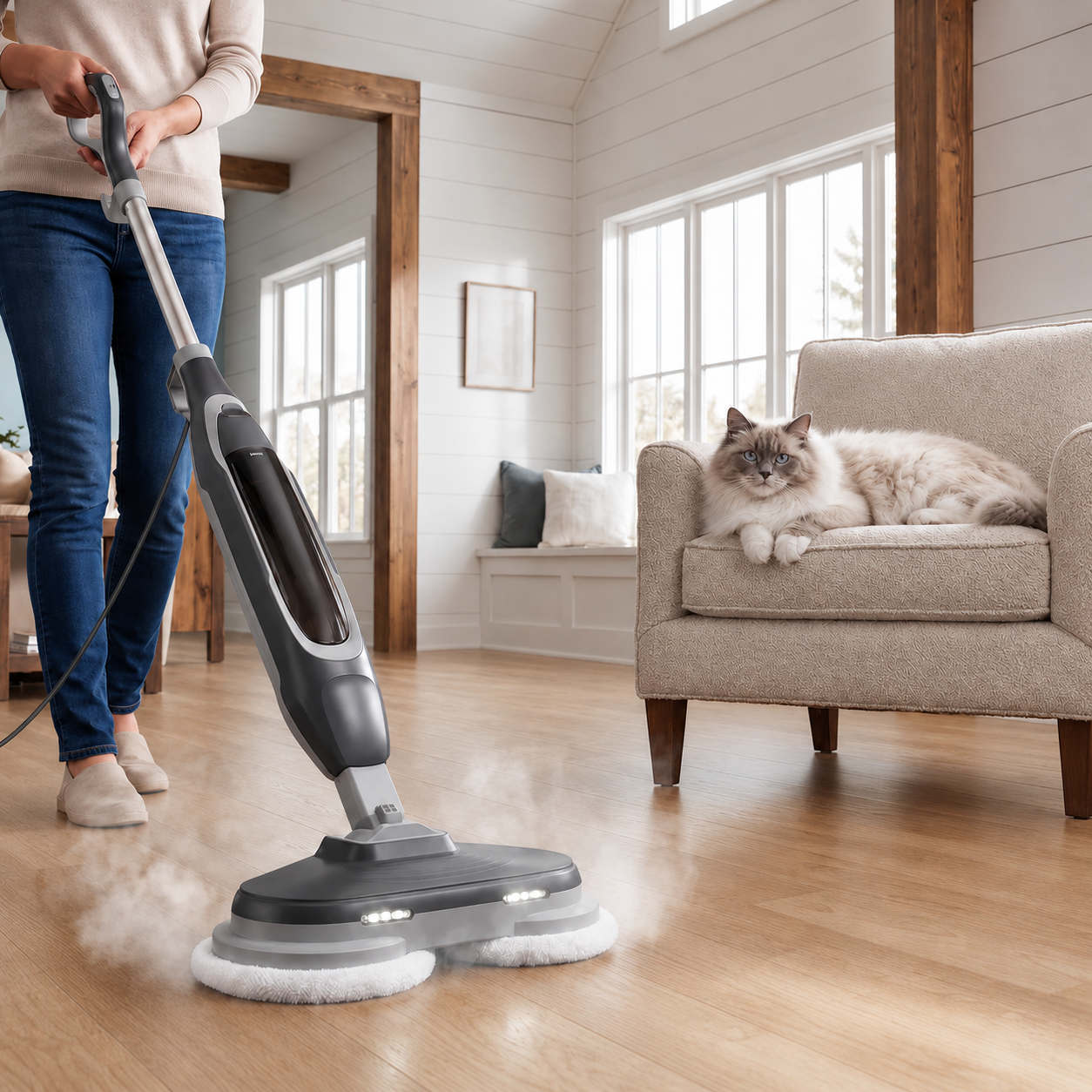 Hard Floor Steam Mop with Dual Rotating Heads – 3 Steam Modes, LED Headlights & Washable Pads