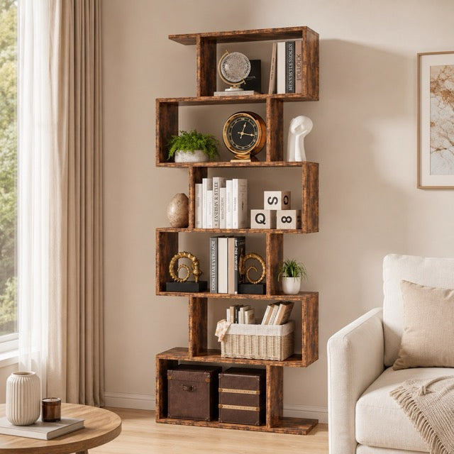 5-Tier S-Shaped Bookshelf | Modern Geometric Freestanding Bookcase & Room Divider