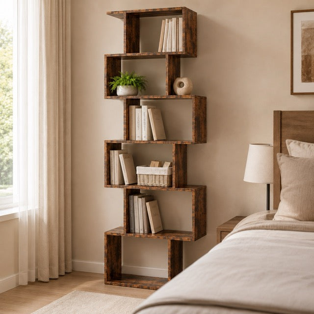 5-Tier S-Shaped Bookshelf | Modern Geometric Freestanding Bookcase & Room Divider