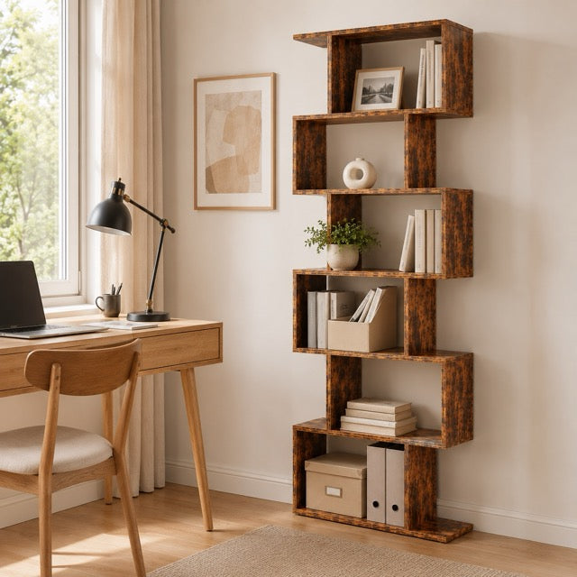 5-Tier S-Shaped Bookshelf | Modern Geometric Freestanding Bookcase & Room Divider