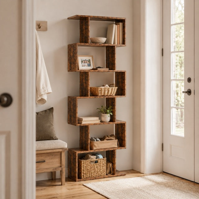 5-Tier S-Shaped Bookshelf | Modern Geometric Freestanding Bookcase & Room Divider