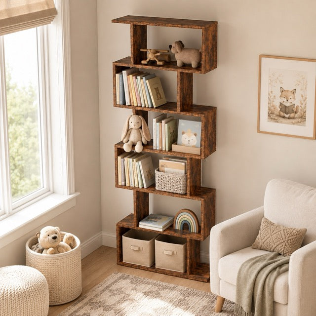 5-Tier S-Shaped Bookshelf | Modern Geometric Freestanding Bookcase & Room Divider
