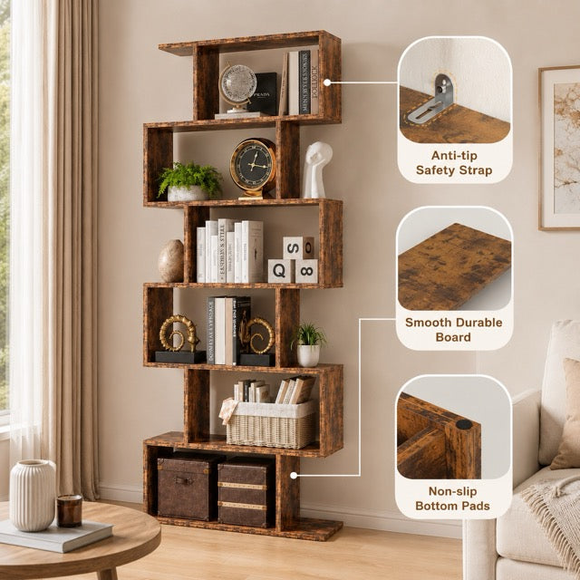 5-Tier S-Shaped Bookshelf | Modern Geometric Freestanding Bookcase & Room Divider
