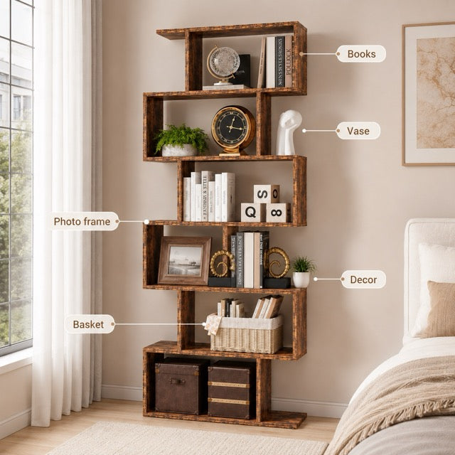 5-Tier S-Shaped Bookshelf | Modern Geometric Freestanding Bookcase & Room Divider