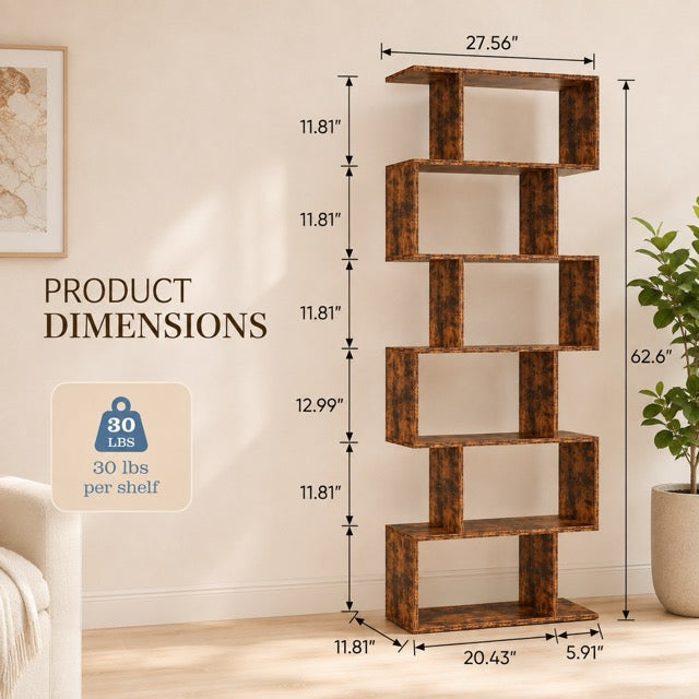 5-Tier S-Shaped Bookshelf | Modern Geometric Freestanding Bookcase & Room Divider