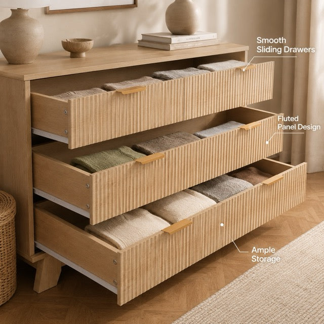 Fluted Wood Dresser – Modern Storage Cabinet for Bedroom, Living Room & Hallway | 6, 8 or 9 Drawers
