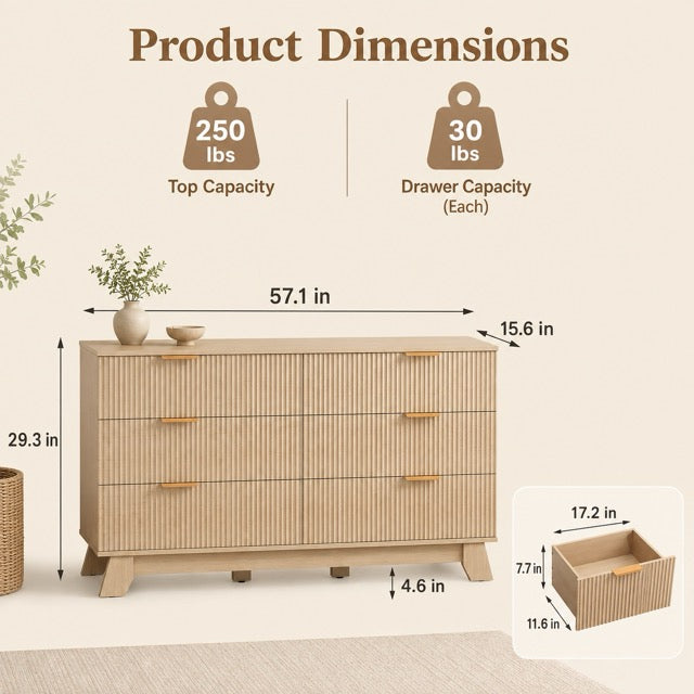 Fluted Wood Dresser – Modern Storage Cabinet for Bedroom, Living Room & Hallway | 6, 8 or 9 Drawers