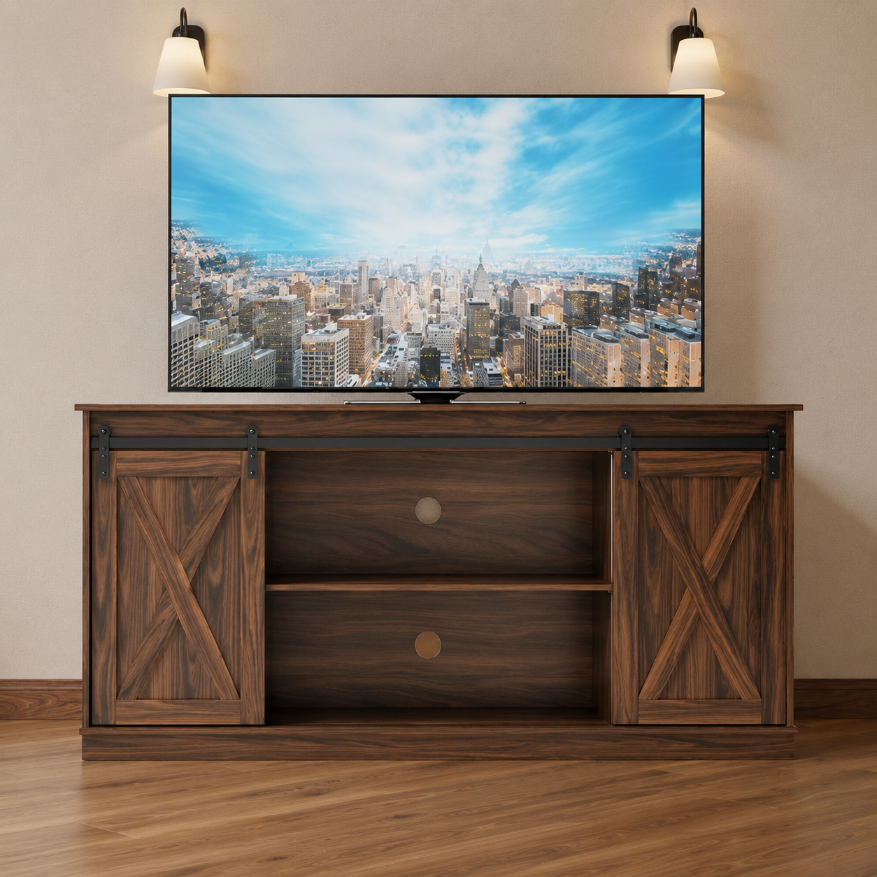 65" TV Stand with Sliding Doors | Double-Layer Storage Entertainment Center for Living Room