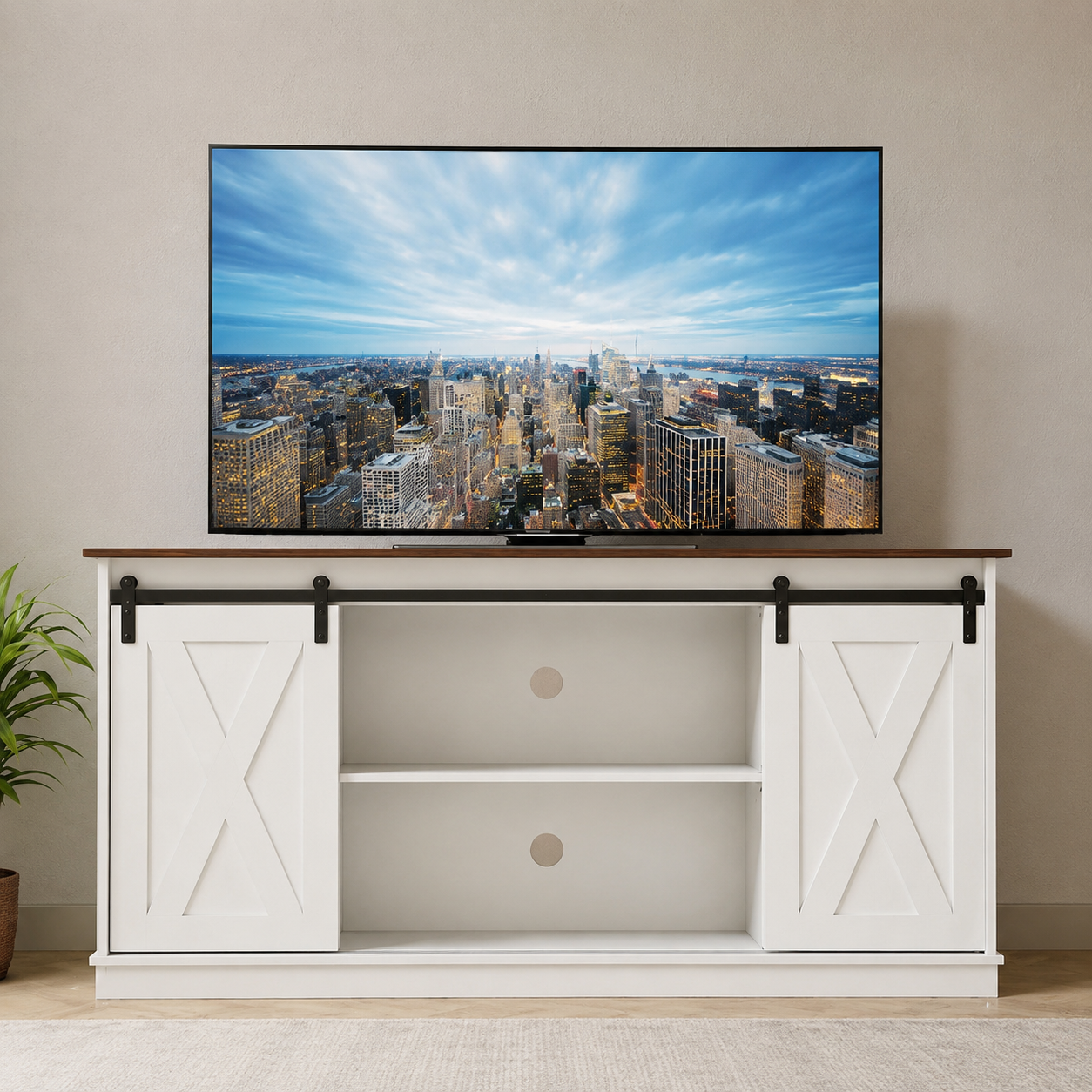 65" TV Stand with Sliding Doors | Double-Layer Storage Entertainment Center for Living Room
