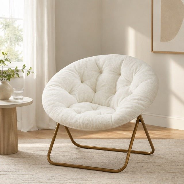 Faux Fur Disc Chair – Round Accent Chair for Bedroom & Living Room | Gray, Pink or White