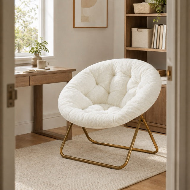 Faux Fur Disc Chair – Round Accent Chair for Bedroom & Living Room | Gray, Pink or White