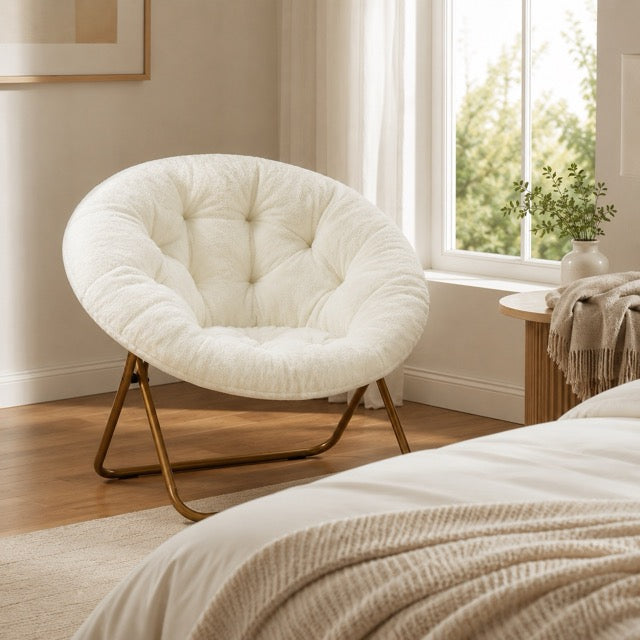 Faux Fur Disc Chair – Round Accent Chair for Bedroom & Living Room | Gray, Pink or White