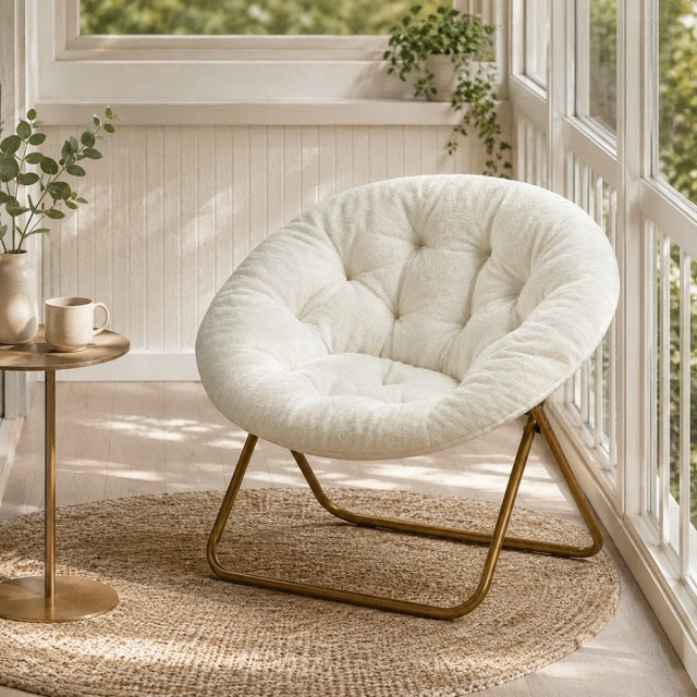 Faux Fur Disc Chair – Round Accent Chair for Bedroom & Living Room | Gray, Pink or White