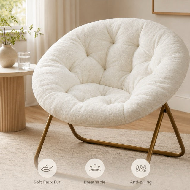 Faux Fur Disc Chair – Round Accent Chair for Bedroom & Living Room | Gray, Pink or White