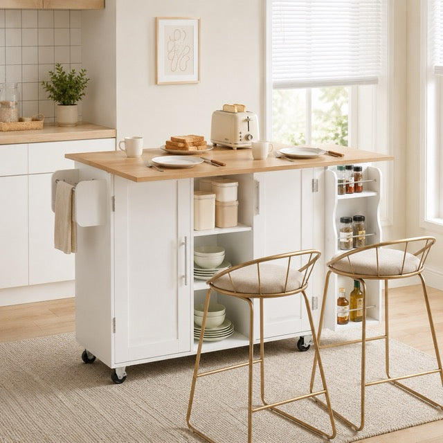 Kitchen Island Cart with Drop Leaf Tabletop & Storage, Rolling on Wheels