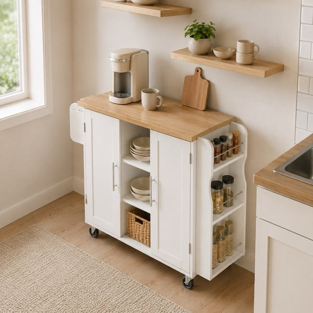 Kitchen Island Cart with Drop Leaf Tabletop & Storage, Rolling on Wheels