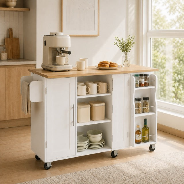 Kitchen Island Cart with Drop Leaf Tabletop & Storage, Rolling on Wheels