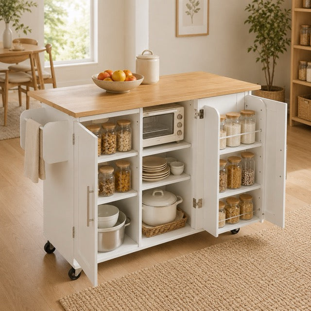 Kitchen Island Cart with Drop Leaf Tabletop & Storage, Rolling on Wheels