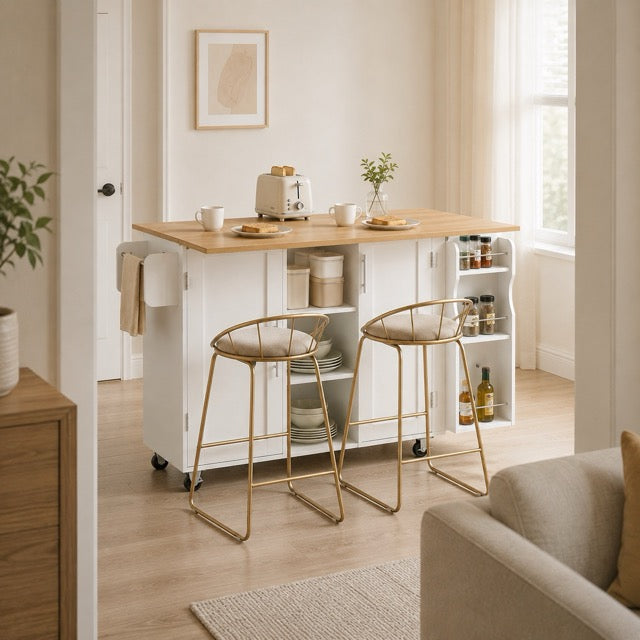 Kitchen Island Cart with Drop Leaf Tabletop & Storage, Rolling on Wheels