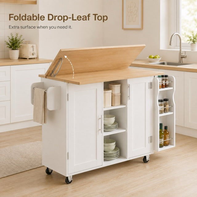 Kitchen Island Cart with Drop Leaf Tabletop & Storage, Rolling on Wheels