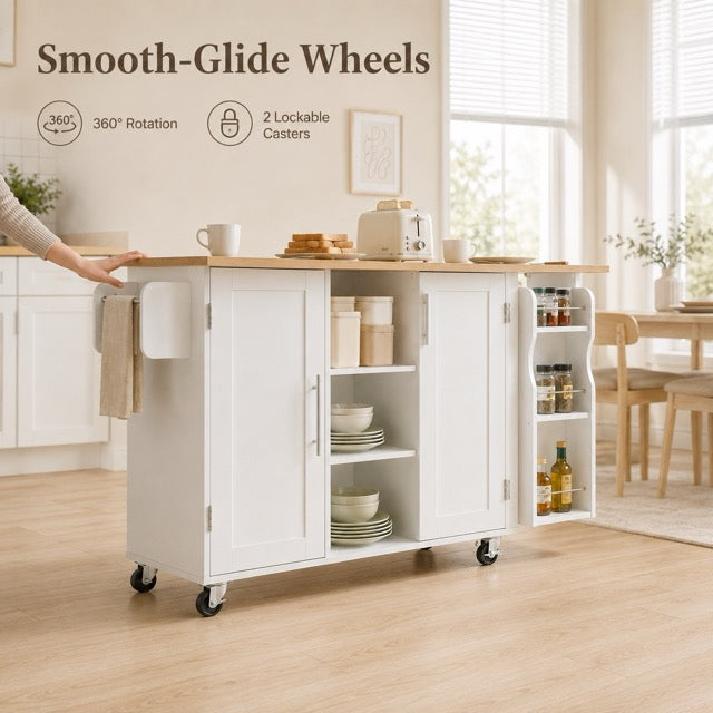 Kitchen Island Cart with Drop Leaf Tabletop & Storage, Rolling on Wheels