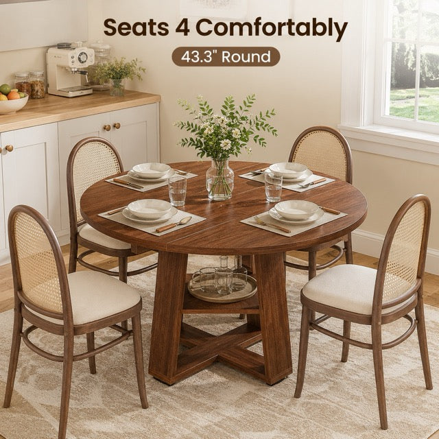 Extendable Oval Dining Table with Storage Shelf, Space-Saving Kitchen Table