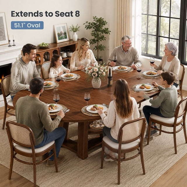 Extendable Oval Dining Table with Storage Shelf, Space-Saving Kitchen Table