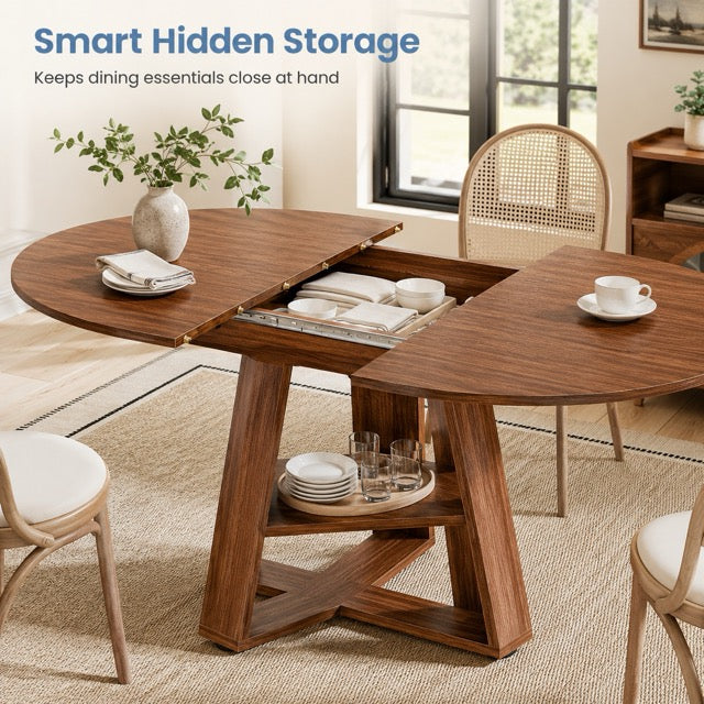 Extendable Oval Dining Table with Storage Shelf, Space-Saving Kitchen Table