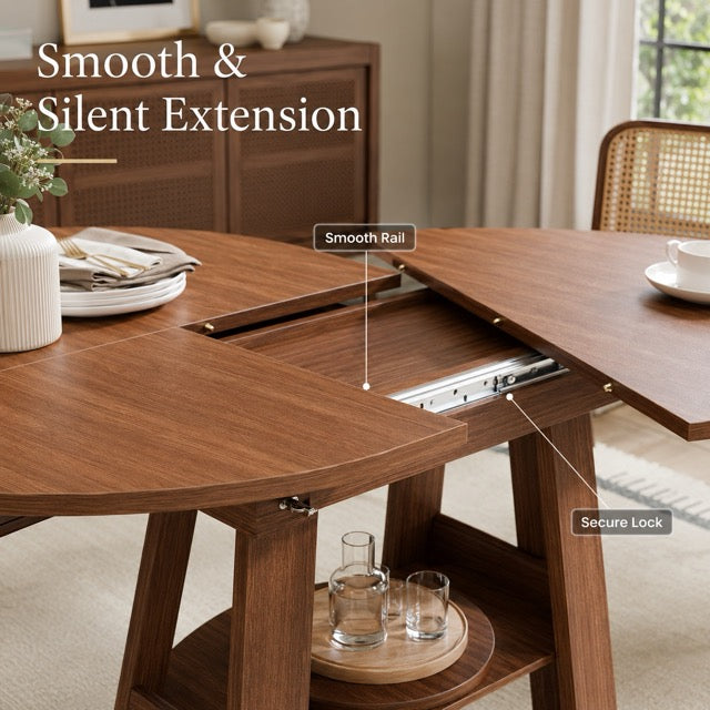 Extendable Oval Dining Table with Storage Shelf, Space-Saving Kitchen Table