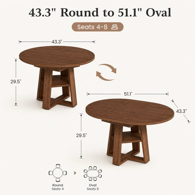 Extendable Oval Dining Table with Storage Shelf, Space-Saving Kitchen Table