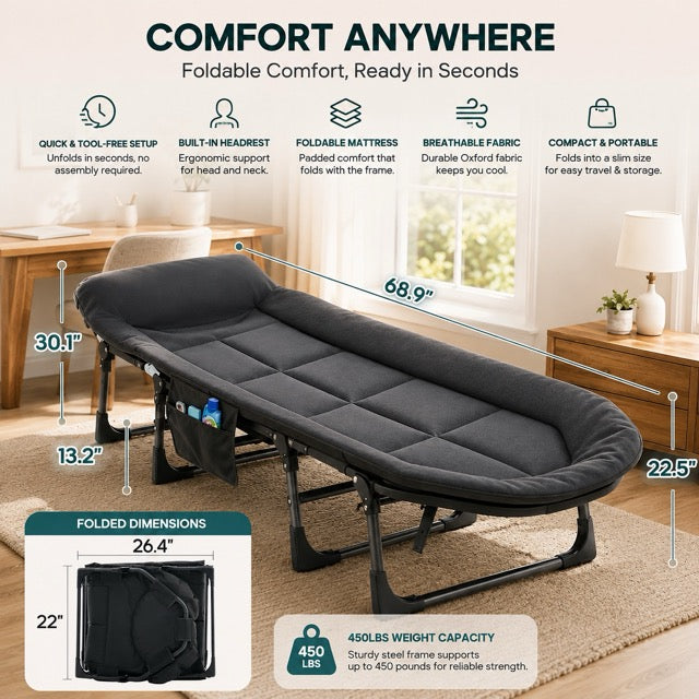 6-Position Adjustable Folding Camping Cot with Mattress – Supports 450 lbs