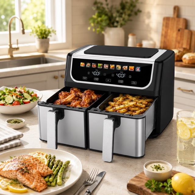 Dual Basket Air Fryer – 9.5L Large Capacity, Independent Temp Control & 10 Preset Cooking Modes