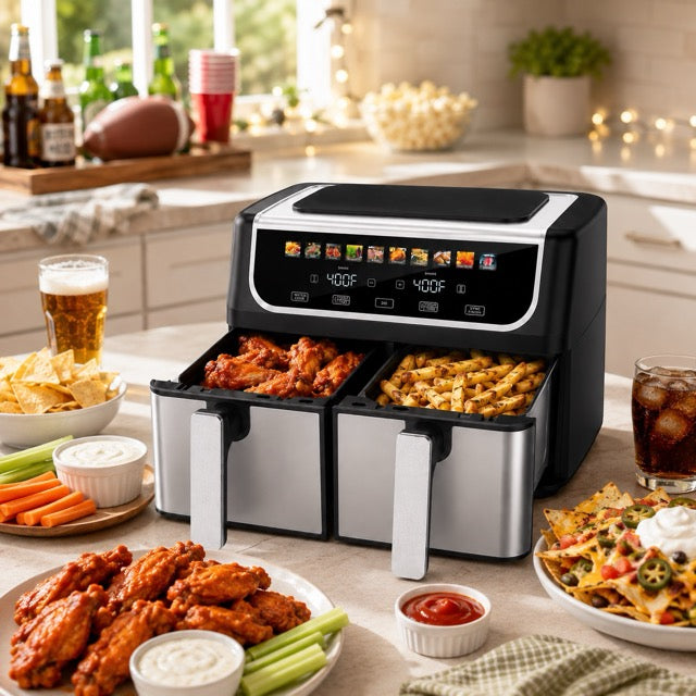 Dual Basket Air Fryer – 9.5L Large Capacity, Independent Temp Control & 10 Preset Cooking Modes