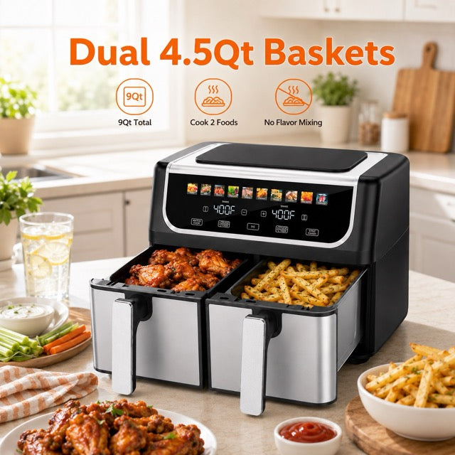 Dual Basket Air Fryer – 9.5L Large Capacity, Independent Temp Control & 10 Preset Cooking Modes