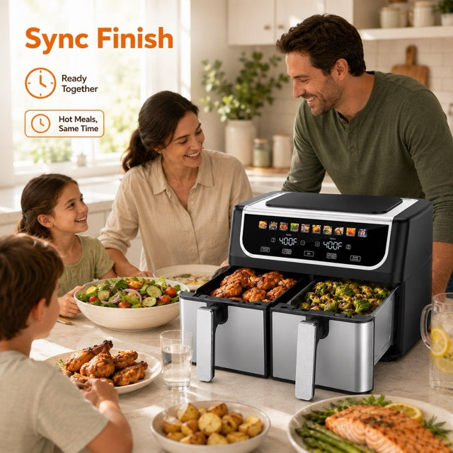 Dual Basket Air Fryer – 9.5L Large Capacity, Independent Temp Control & 10 Preset Cooking Modes
