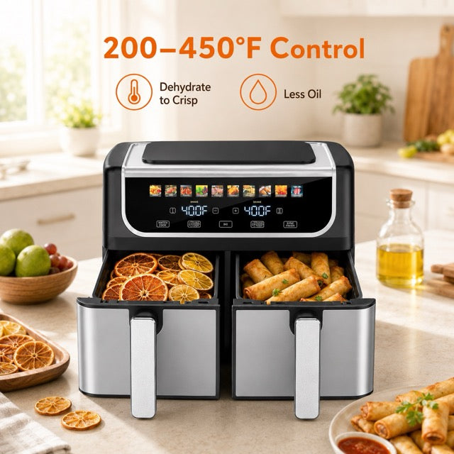 Dual Basket Air Fryer – 9.5L Large Capacity, Independent Temp Control & 10 Preset Cooking Modes