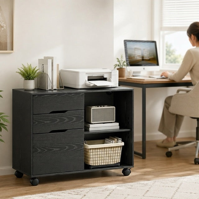 3-Drawer Rolling Filing Cabinet with Printer Stand, Mobile Office Storage Cabinet on Wheels with Locking Casters